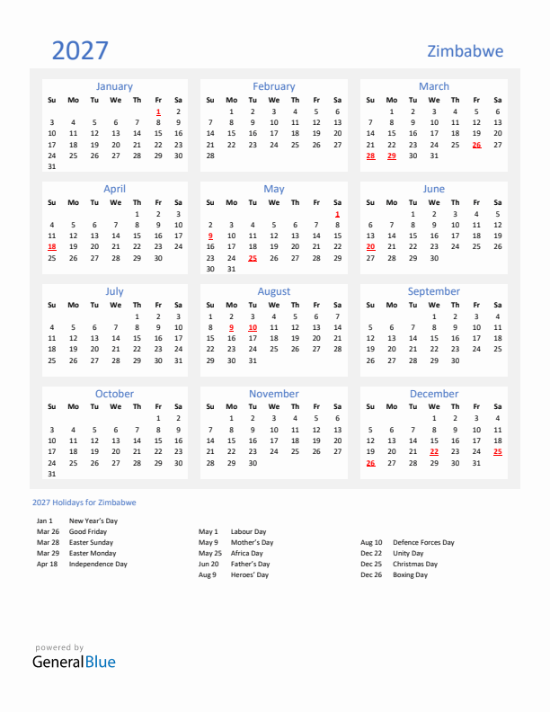 Basic Yearly Calendar with Holidays in Zimbabwe for 2027