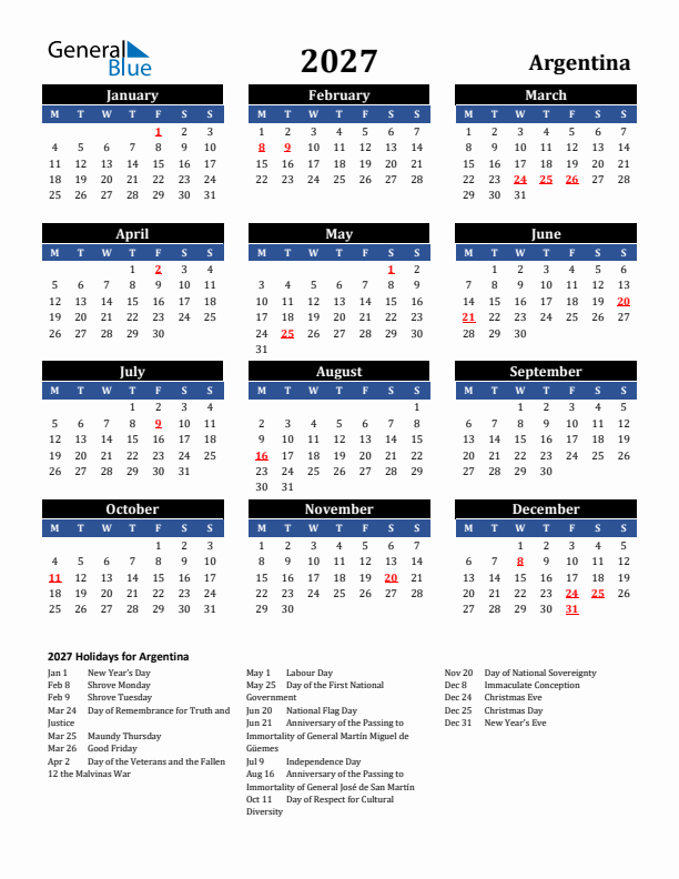 2027 Argentina Holiday Calendar