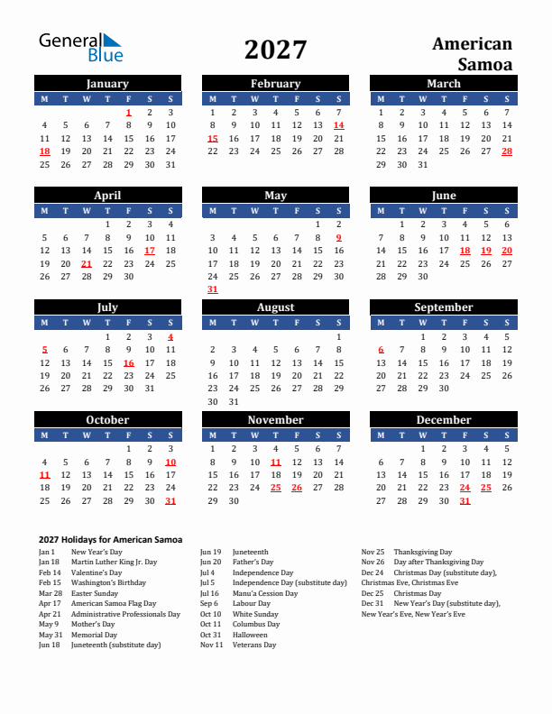 2027 American Samoa Holiday Calendar