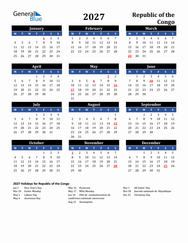 2027 Republic of the Congo Holiday Calendar