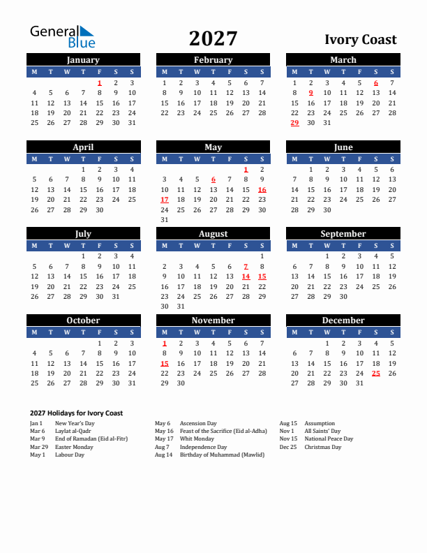 2027 Ivory Coast Holiday Calendar