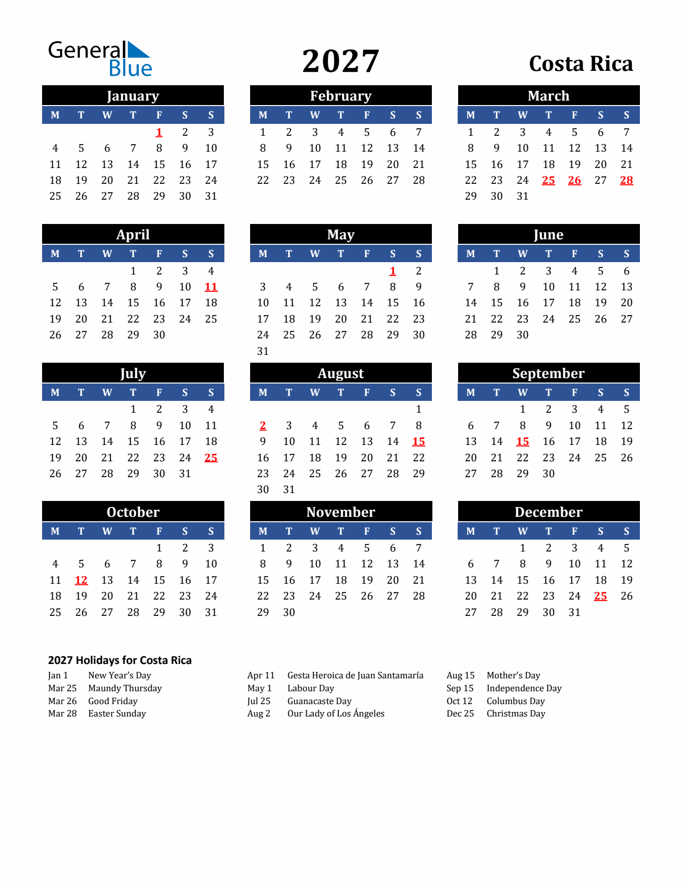 2027 Costa Rica Holiday Calendar