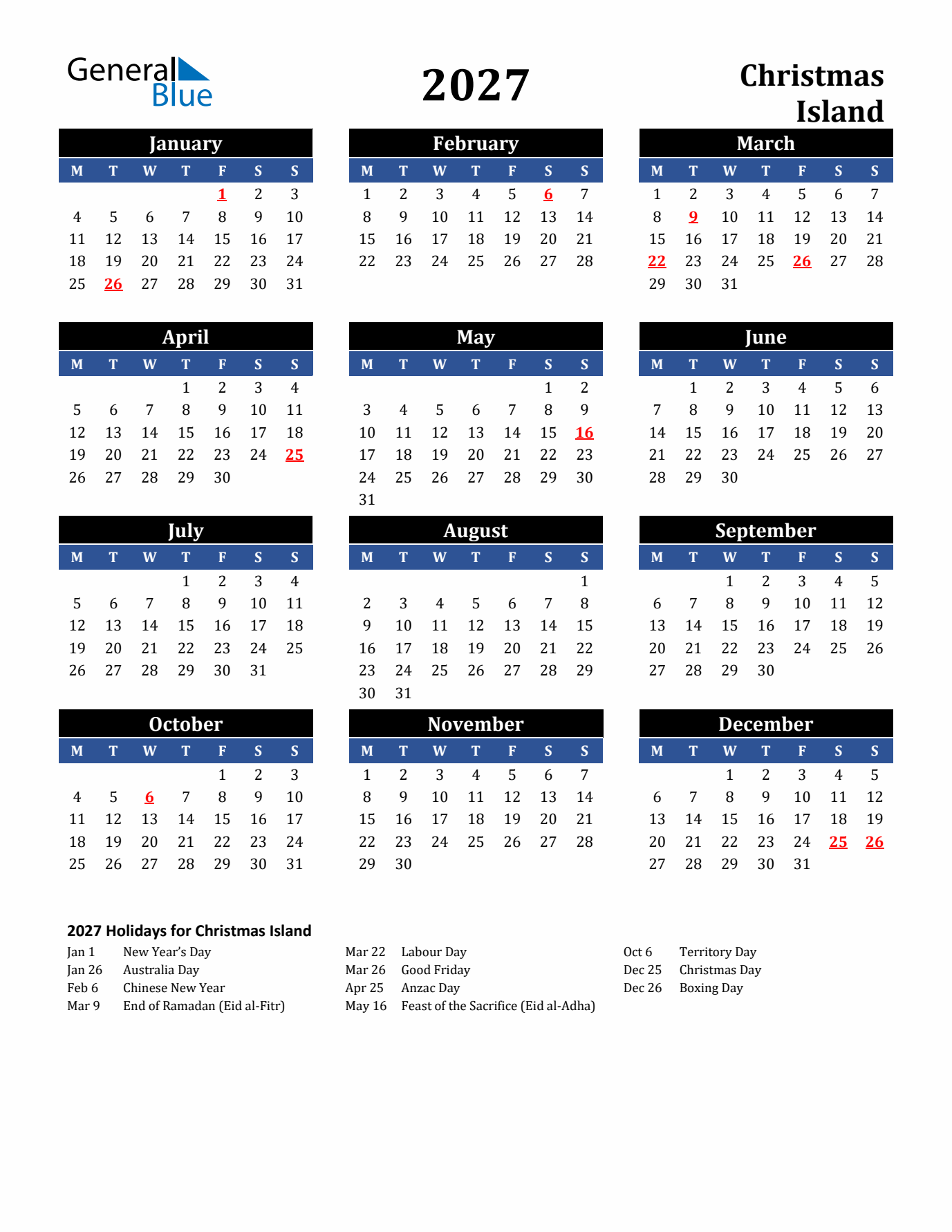 2027 Christmas Island Holiday Calendar