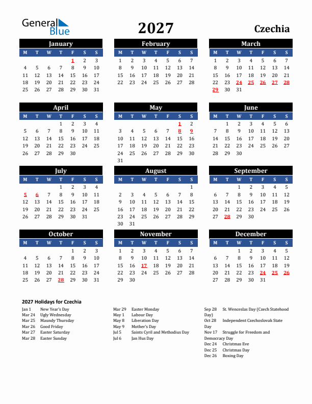 2027 Czechia Holiday Calendar