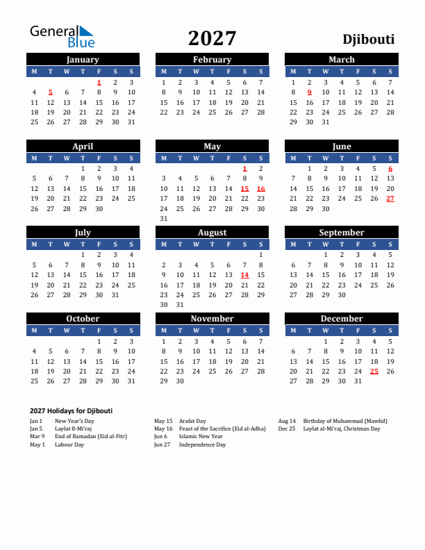 2027 Djibouti Holiday Calendar