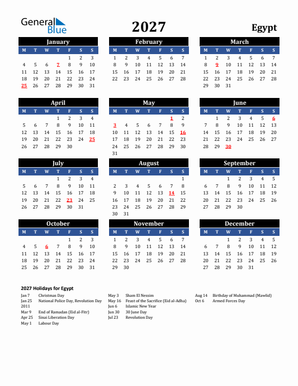 2027 Egypt Holiday Calendar