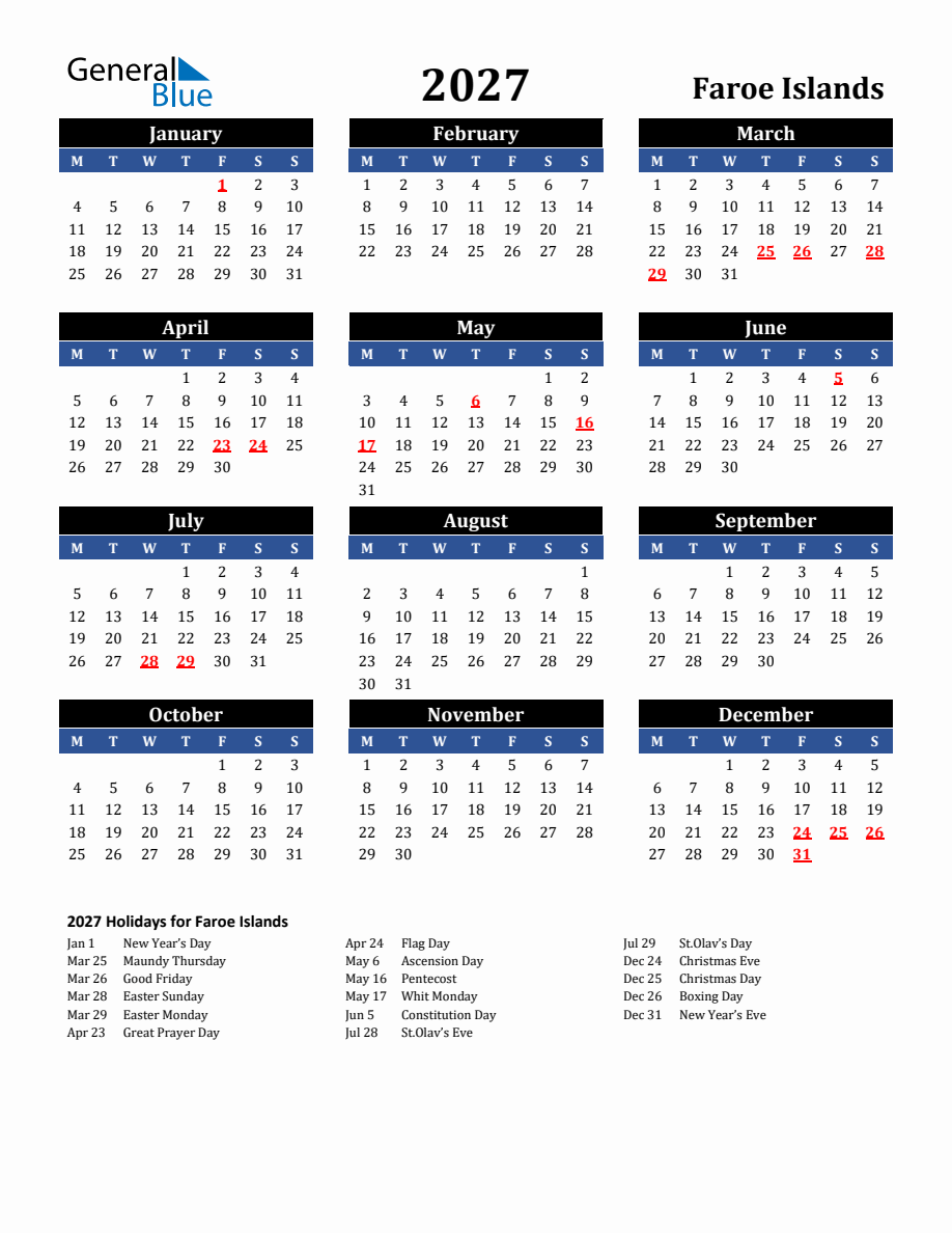 2027 Faroe Islands Holiday Calendar - Monday Start