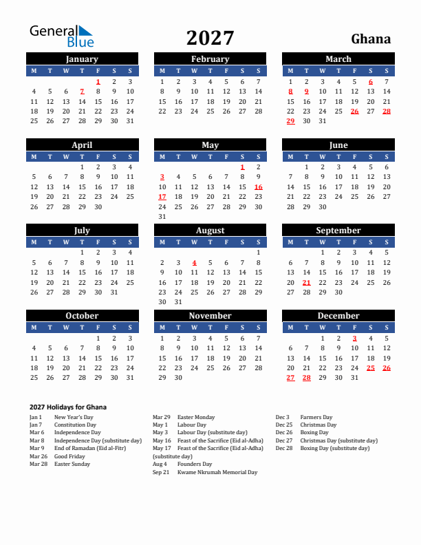 2027 Ghana Holiday Calendar
