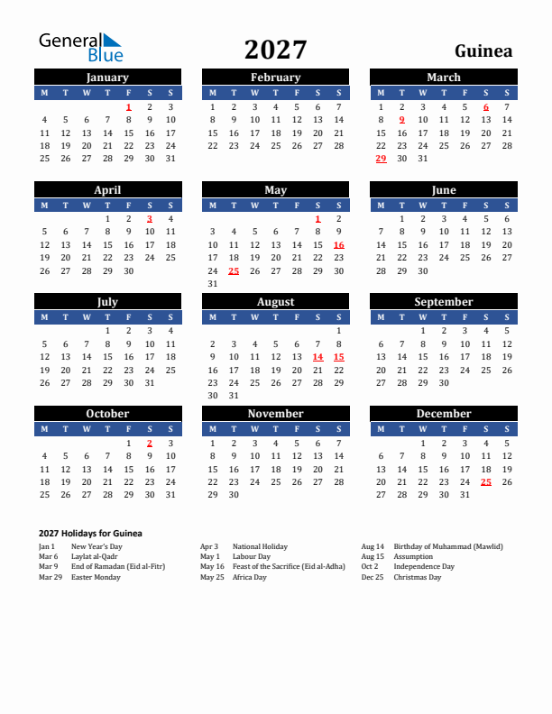 2027 Guinea Holiday Calendar