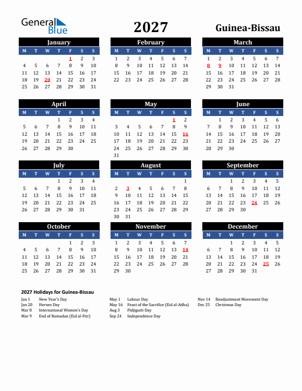 2027 Guinea-Bissau Holiday Calendar