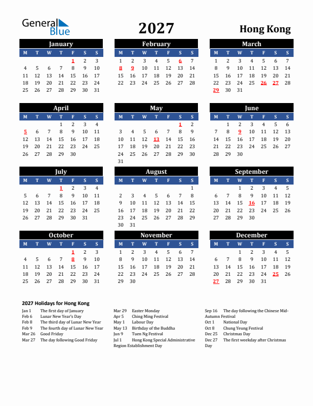 2027 Hong Kong Holiday Calendar