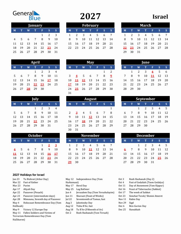 2027 Israel Holiday Calendar