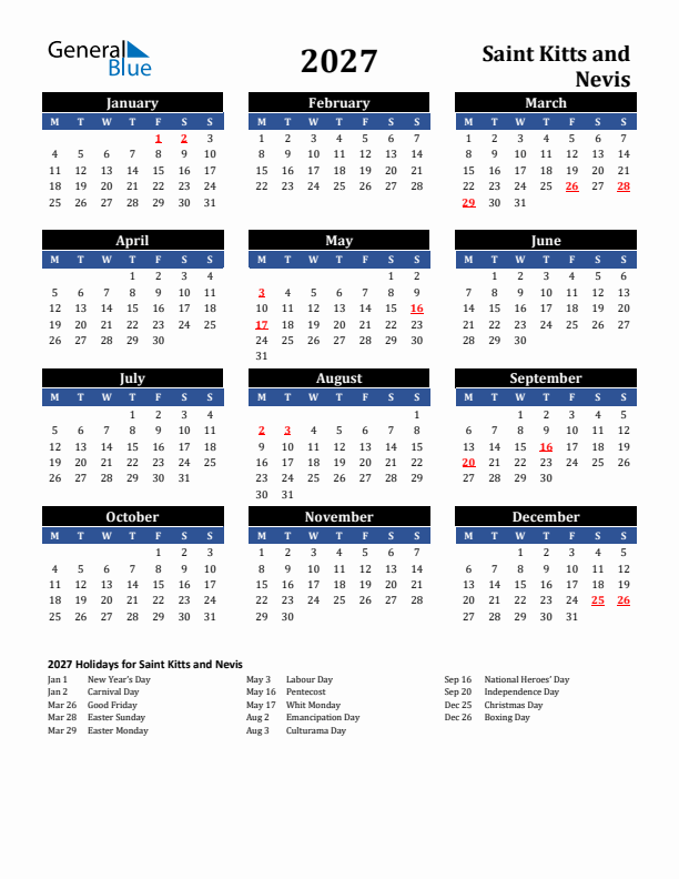 2027 Saint Kitts and Nevis Holiday Calendar