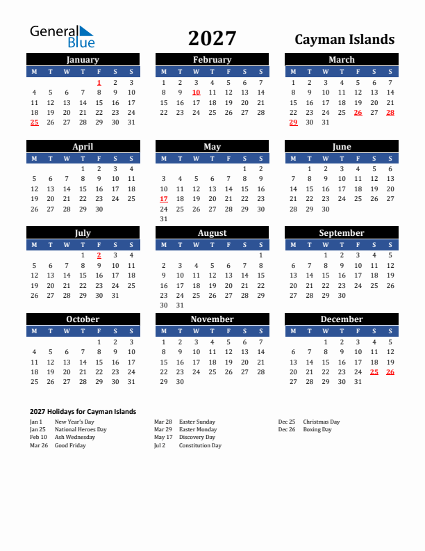 2027 Cayman Islands Holiday Calendar