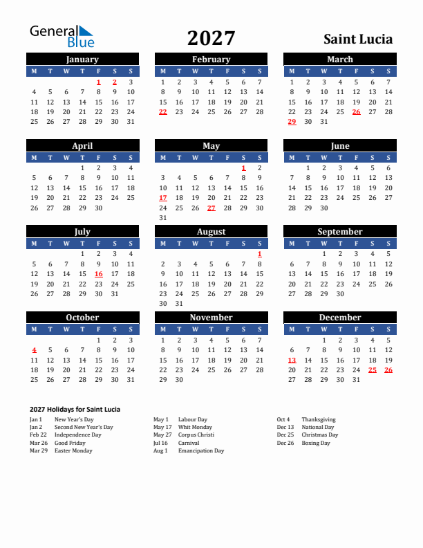 2027 Saint Lucia Holiday Calendar