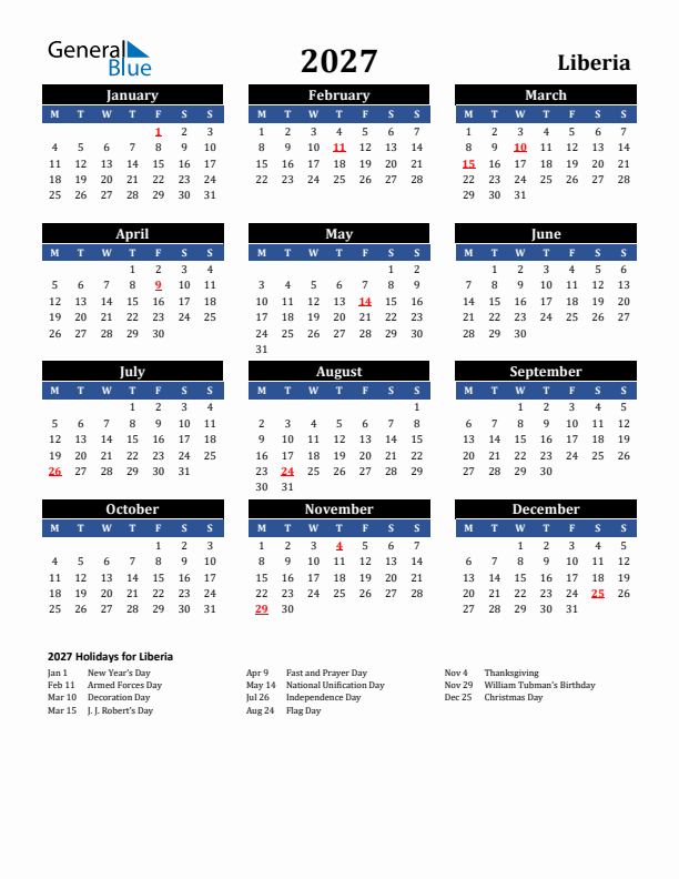 2027 Liberia Holiday Calendar