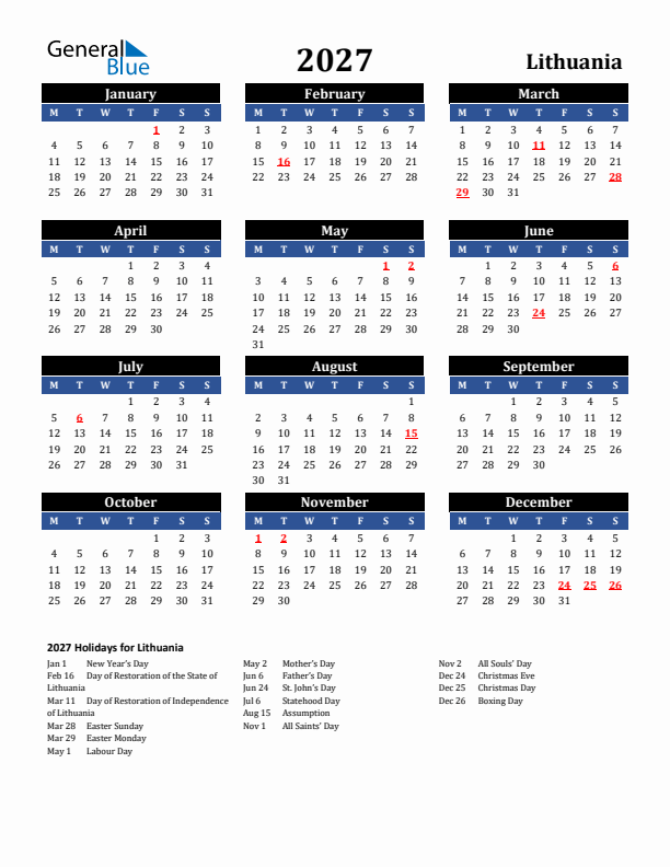 2027 Lithuania Holiday Calendar