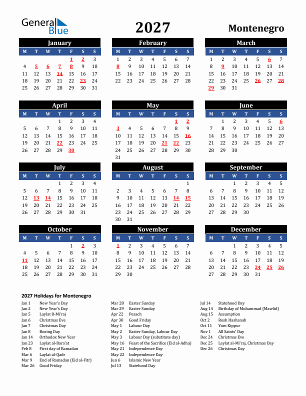 2027 Montenegro Holiday Calendar