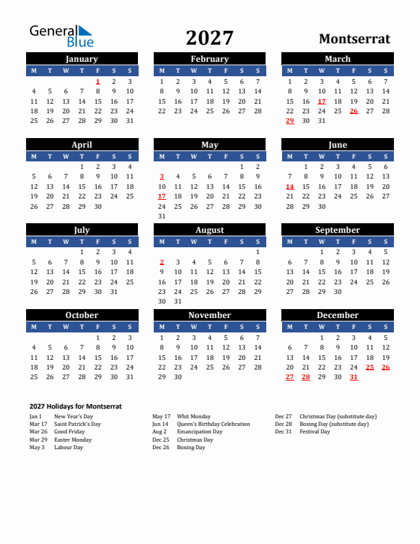 2027 Montserrat Holiday Calendar