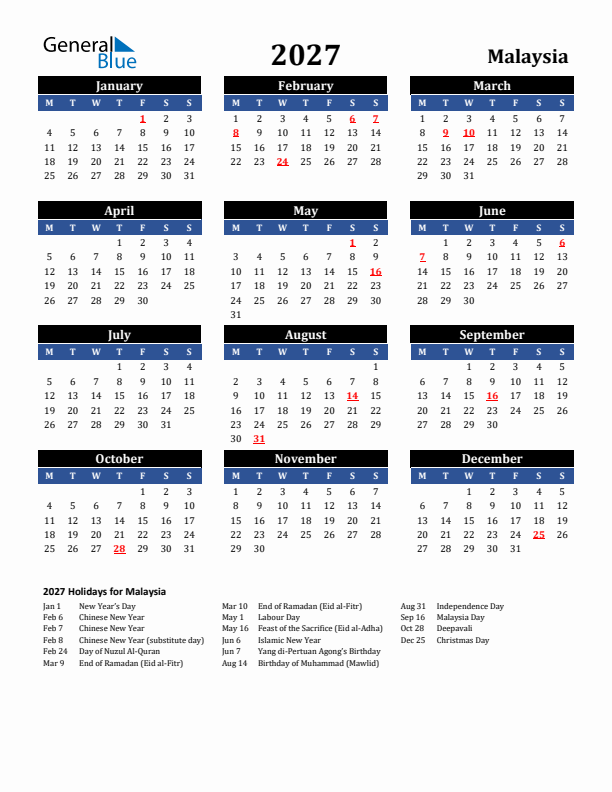 2027 Malaysia Holiday Calendar