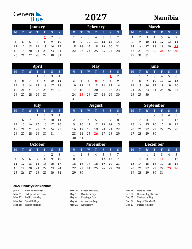 Namibia 2027 Calendar With Holidays Namibia 2027 Calendar With Holidays