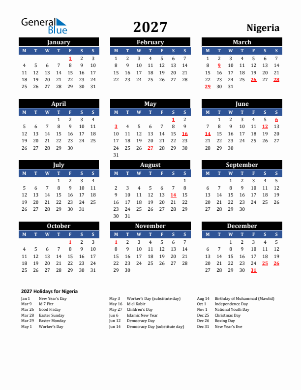 2027 Nigeria Holiday Calendar