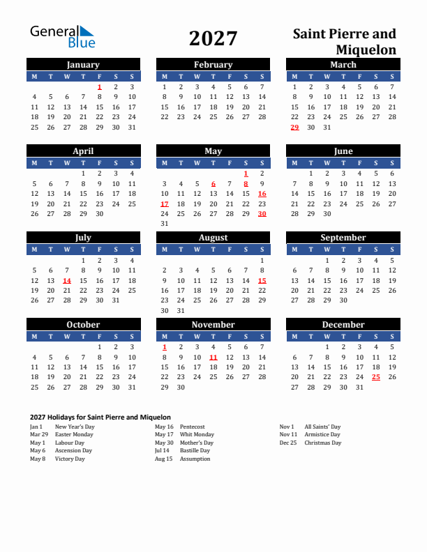 2027 Saint Pierre and Miquelon Holiday Calendar