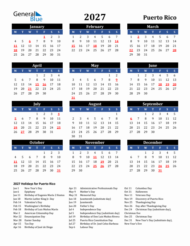 2027 Puerto Rico Holiday Calendar