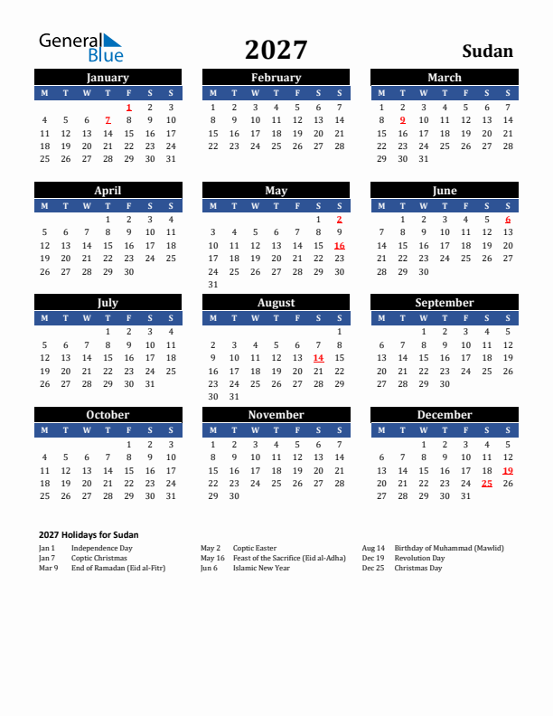 2027 Sudan Holiday Calendar