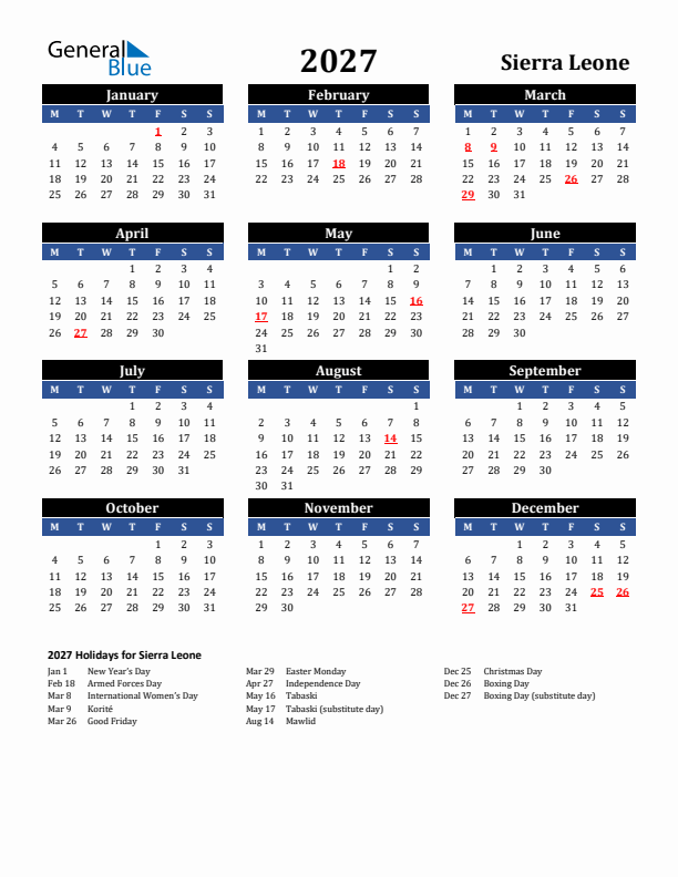 2027 Sierra Leone Holiday Calendar