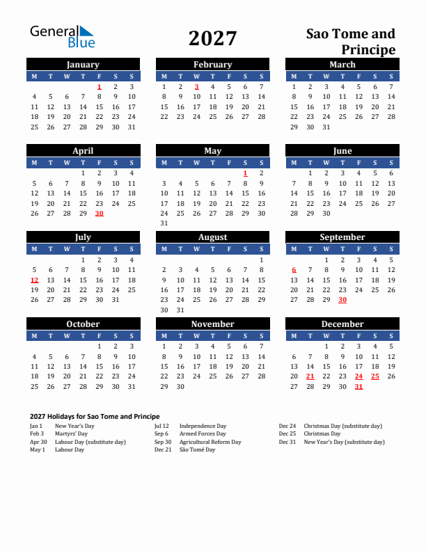 2027 Sao Tome and Principe Holiday Calendar