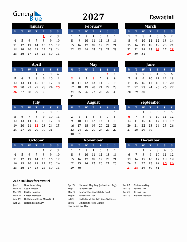 2027 Eswatini Holiday Calendar