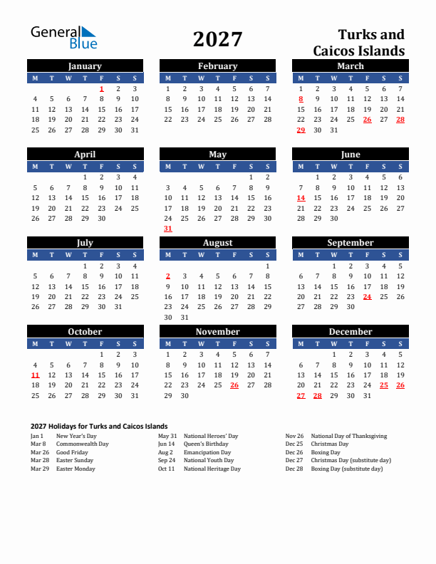 2027 Turks and Caicos Islands Holiday Calendar