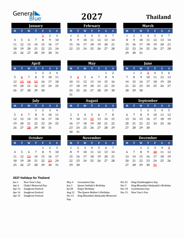 2027 Thailand Holiday Calendar