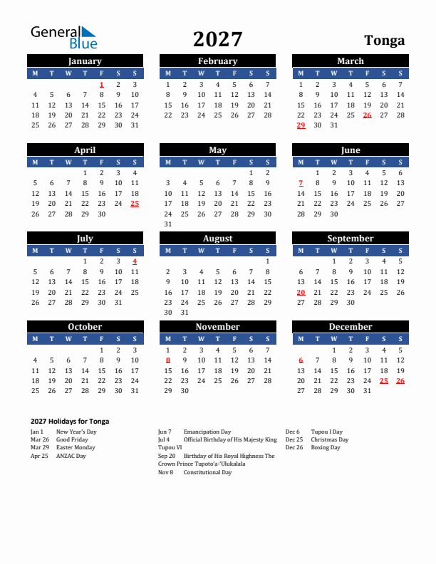 2027 Tonga Holiday Calendar