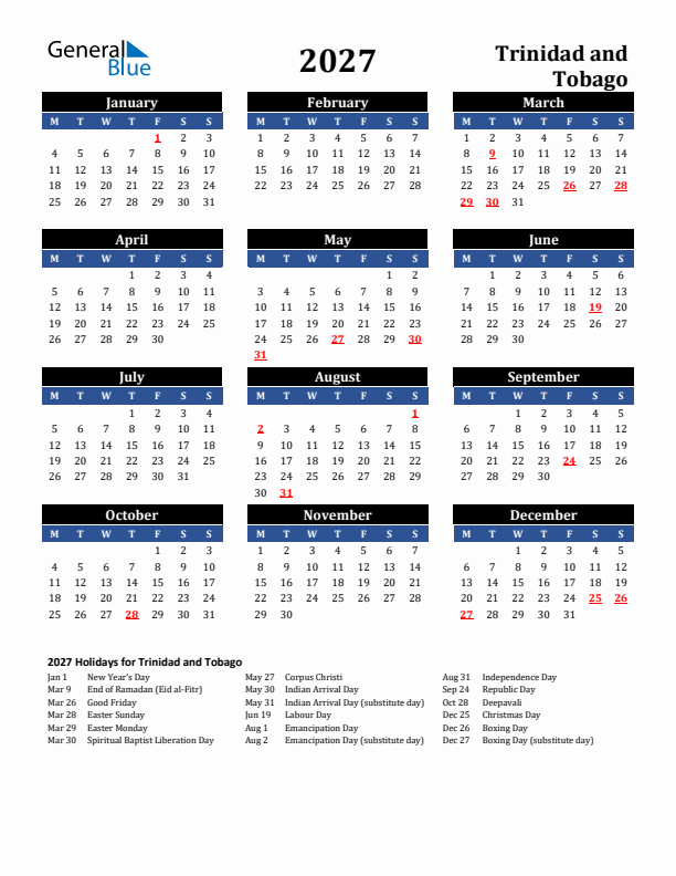 2027 Trinidad and Tobago Holiday Calendar