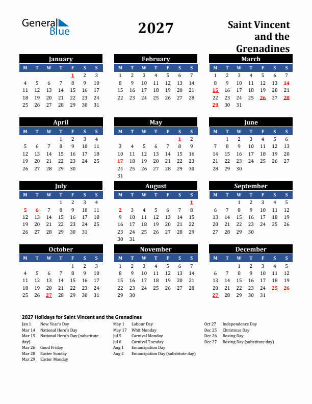 2027 Saint Vincent and the Grenadines Holiday Calendar
