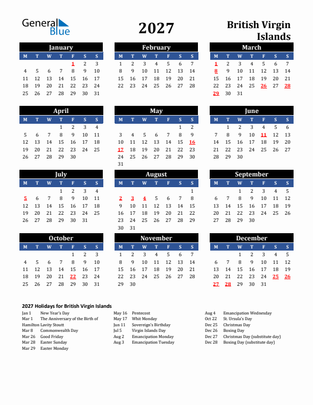 2027 British Virgin Islands Holiday Calendar