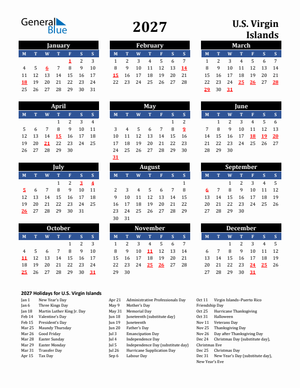 2027 U.S. Virgin Islands Holiday Calendar