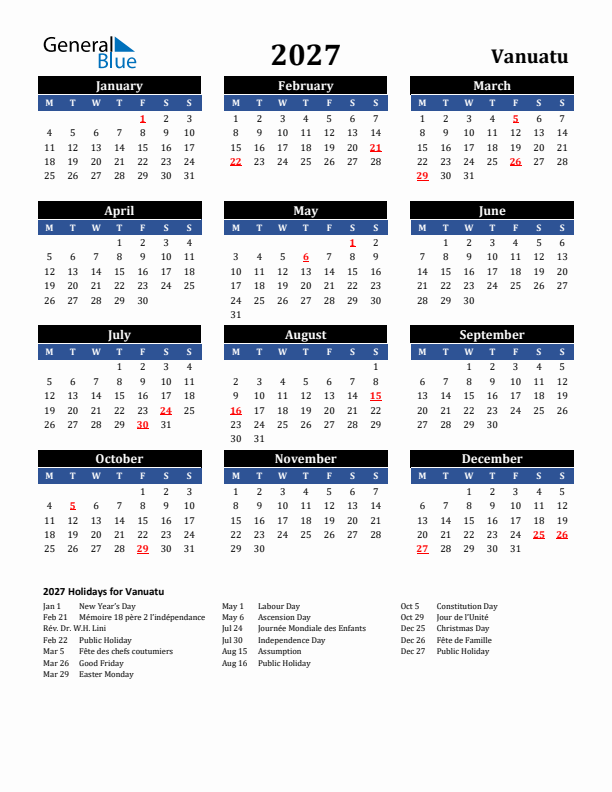 2027 Vanuatu Holiday Calendar