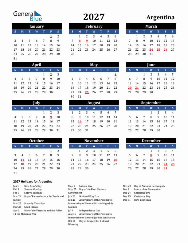 2027 Argentina Holiday Calendar