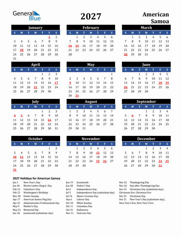 2027 American Samoa Holiday Calendar