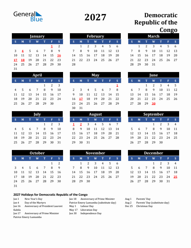 2027 Democratic Republic of the Congo Holiday Calendar
