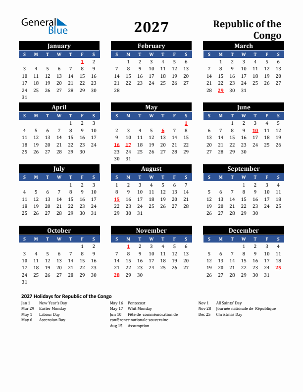 2027 Republic of the Congo Holiday Calendar
