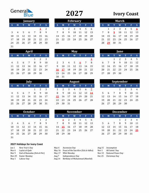 2027 Ivory Coast Holiday Calendar