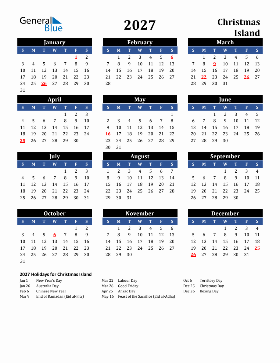 2027 Christmas Island Holiday Calendar