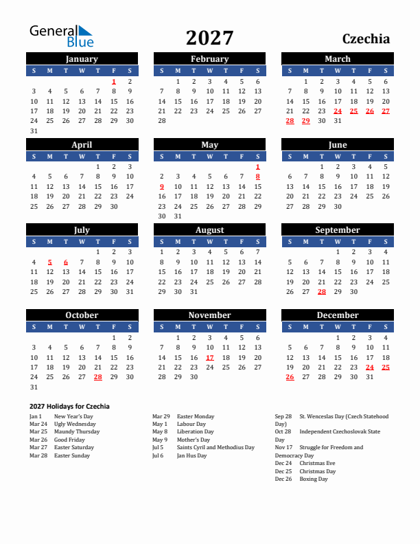 2027 Czechia Holiday Calendar