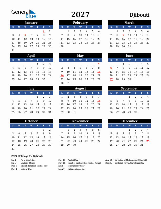 2027 Djibouti Holiday Calendar