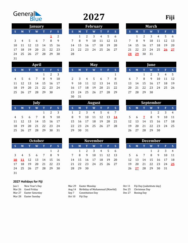 2027 Fiji Holiday Calendar