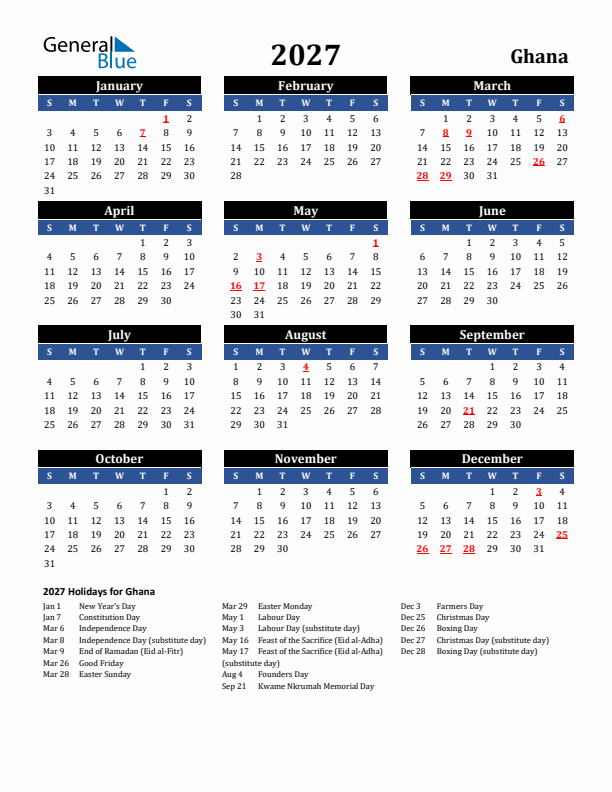 2027 Ghana Holiday Calendar